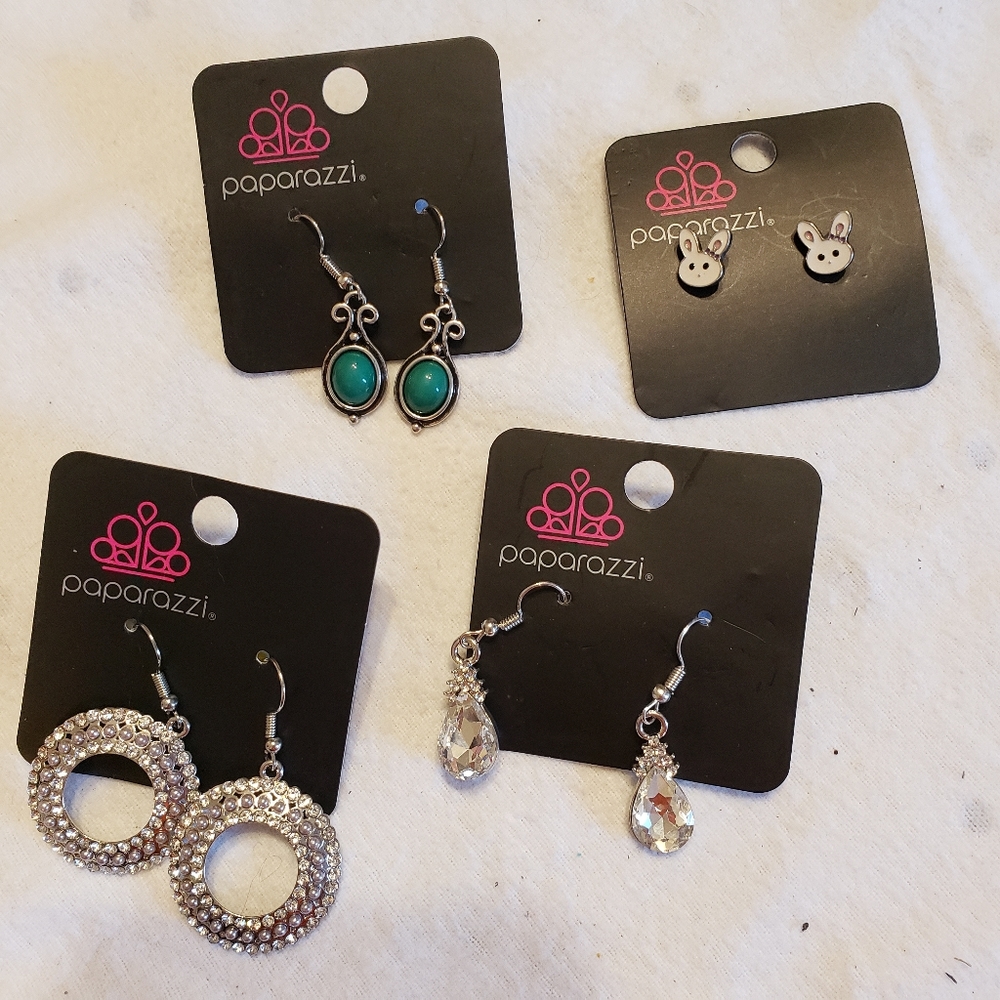 4 Pair NWT Paparazzi Pierced Earrings Antique Look, Bunny, Circle and Pear Shape